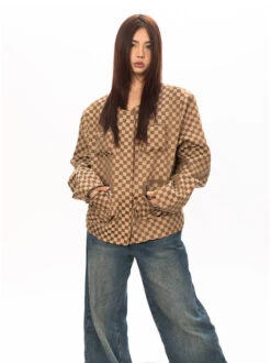 Checker Oversized Zip Jacket With Zip Pockets