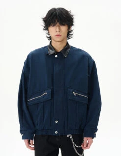 Oversized Worker Jacket With Contrast Faux Leather Collar