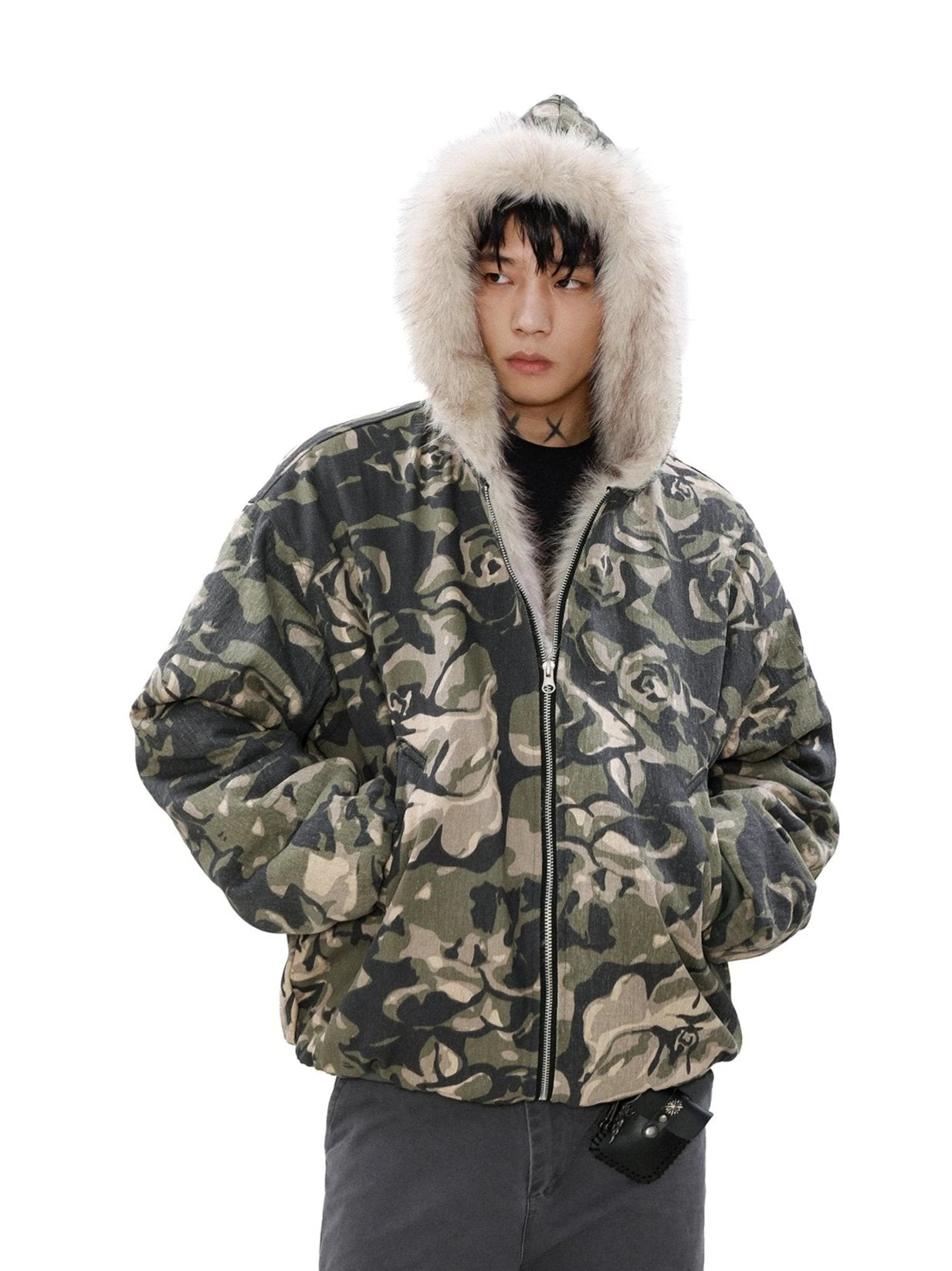 Faux Fur Line Camo Hooded Bomber Jacket 1 Faux Fur Line Camo Hooded Bomber Jacket
