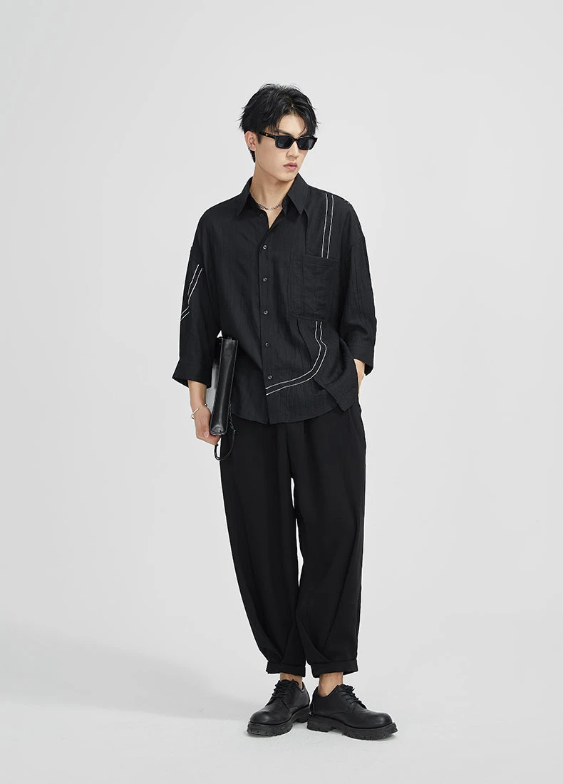 Oversized Contrast-Detail Button Shirt With Cropped Sleeves 5 Oversized Contrast-Detail Button Shirt With Cropped Sleeves - Image 5