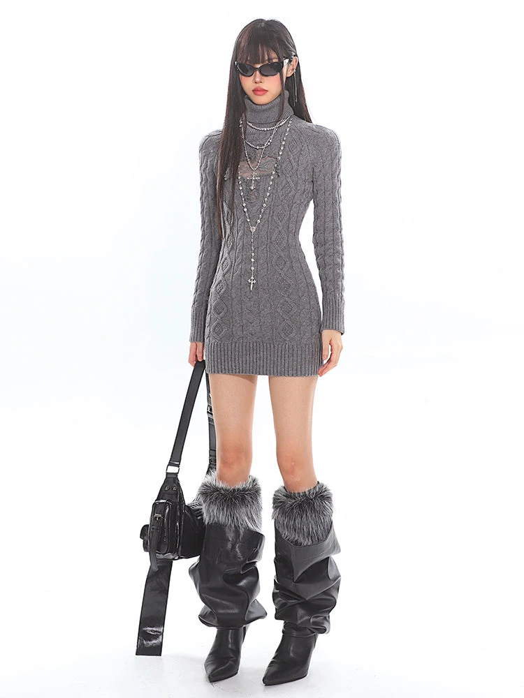 Cable Knit Turtleneck Dress With Cross Mesh Lace Detail 10 Cable Knit Turtleneck Dress With Cross Mesh Lace Detail - Image 10