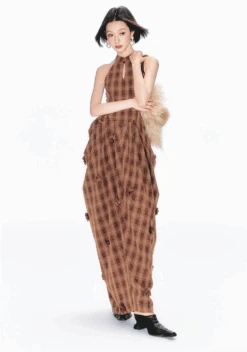 Halter Neck Plaid Maxi Dress With Ruched Details -Modern Wear Shop O1CN01J6Oxuf1REgsfJwJu3 1048422080