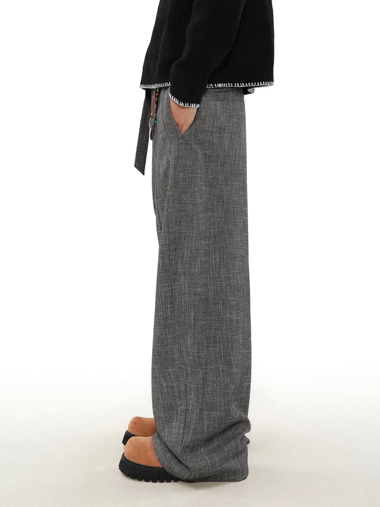 Wide Leg Textured Trousers With Strap Belt 5 Wide Leg Textured Trousers With Strap Belt - Image 5