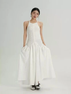 Textured Bodice Halterneck Maxi Dress