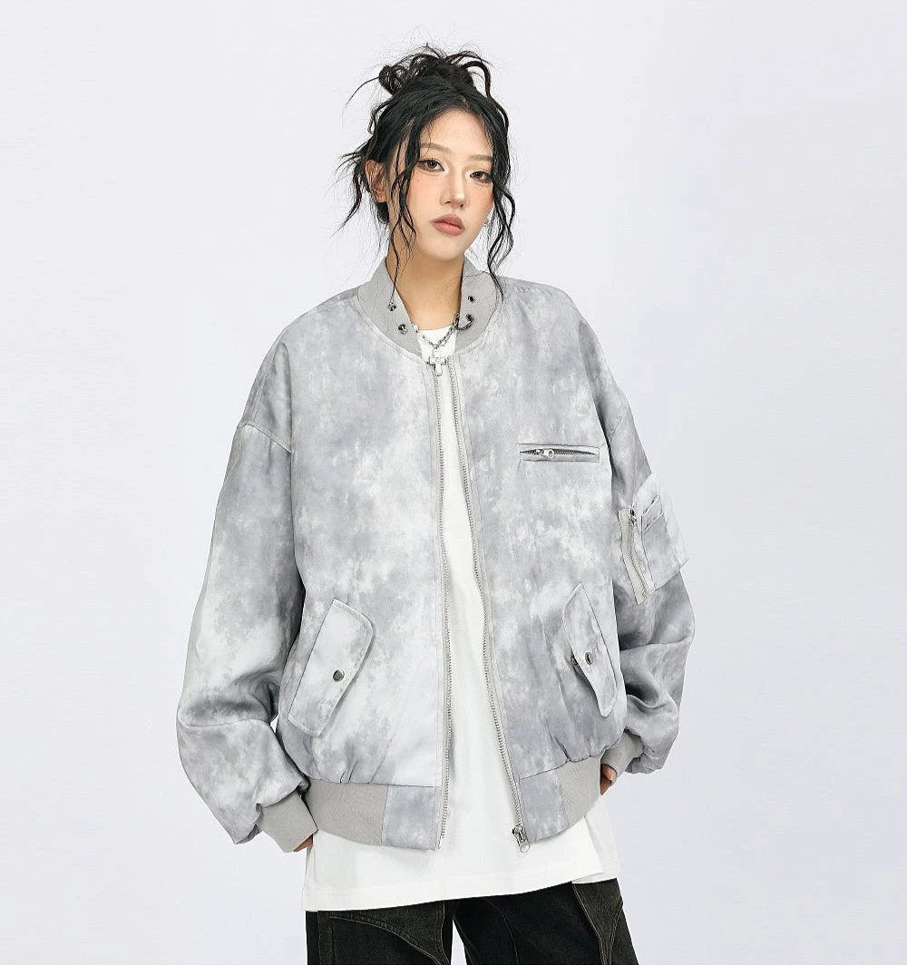 Oversized Acid Wash Bomber Jacket With Snap Button Pockets 3 Oversized Acid Wash Bomber Jacket With Snap Button Pockets - Image 3
