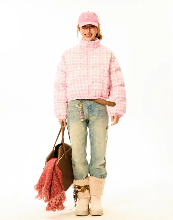 Plaid Quilted High Collar Mid Crop Puffer Jacket 16 Plaid Quilted High Collar Mid Crop Puffer Jacket - Image 16