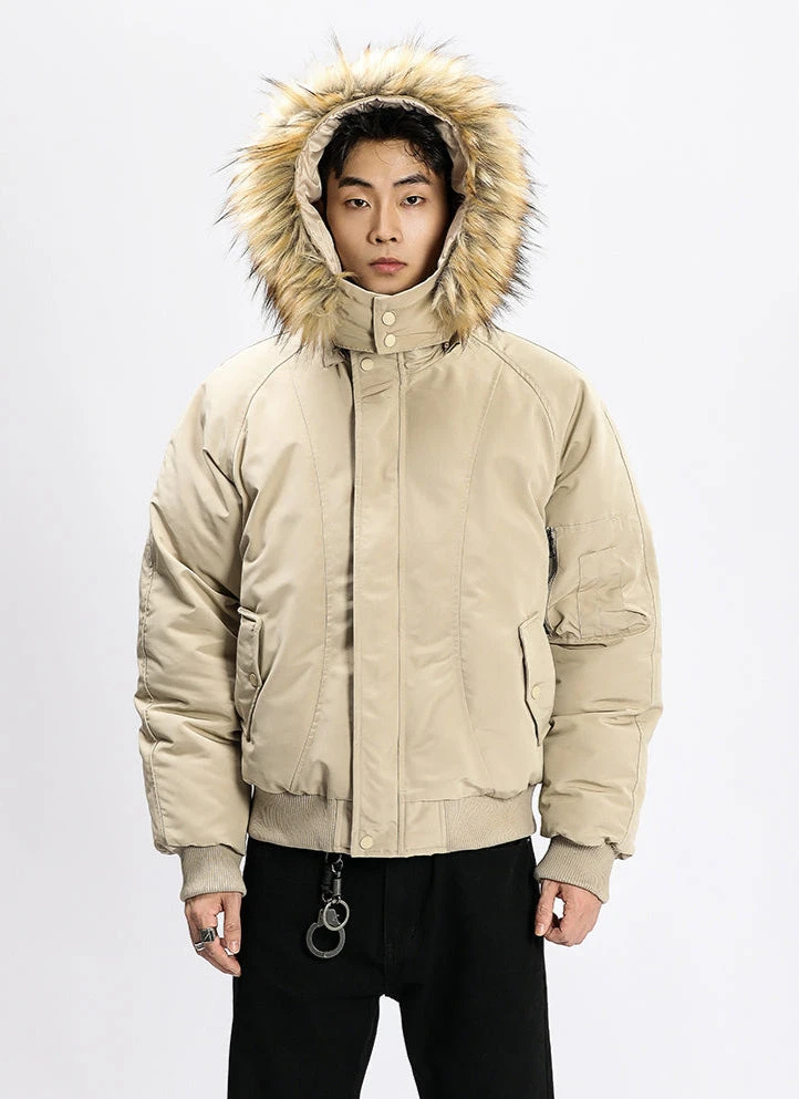 Removable Faux Fur Hoodie Bomber Jacket With Ribbed Hem 1 Removable Faux Fur Hoodie Bomber Jacket With Ribbed Hem