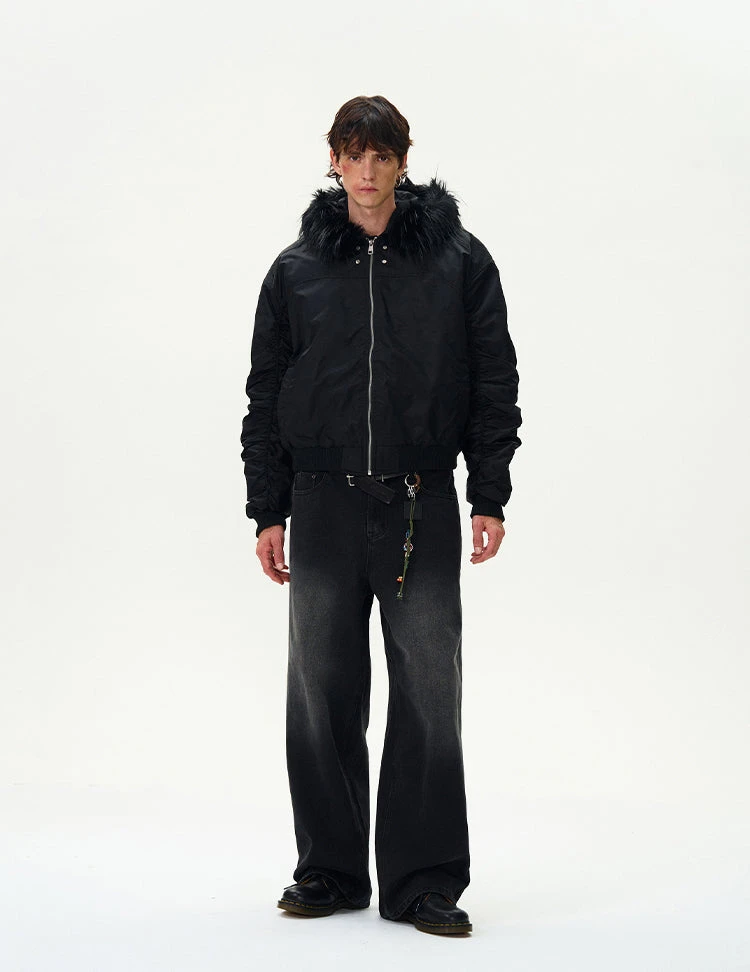 Ruched Sleeve Faux Fur Hooded Bomber Jacket 9 Ruched Sleeve Faux Fur Hooded Bomber Jacket - Image 9