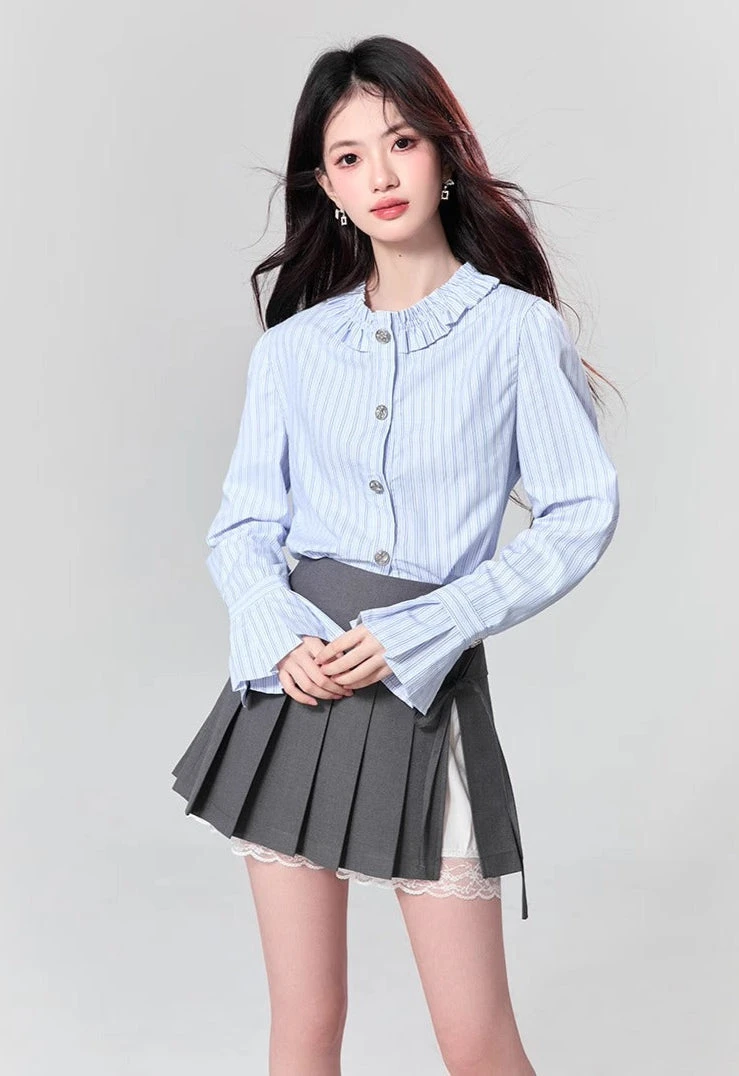 Striped Button-Up Blouse With Ruffled Collar And Flare Cuffed Sleeves 1 Striped Button-Up Blouse With Ruffled Collar And Flare Cuffed Sleeves
