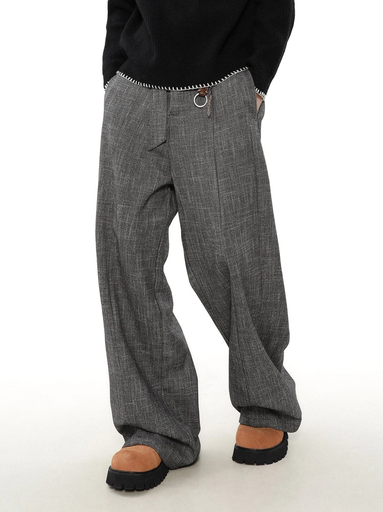 Wide Leg Textured Trousers With Strap Belt 3 Wide Leg Textured Trousers With Strap Belt - Image 3