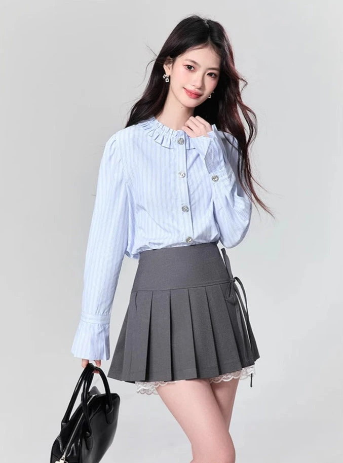 Striped Button-Up Blouse With Ruffled Collar And Flare Cuffed Sleeves 4 Striped Button-Up Blouse With Ruffled Collar And Flare Cuffed Sleeves - Image 4