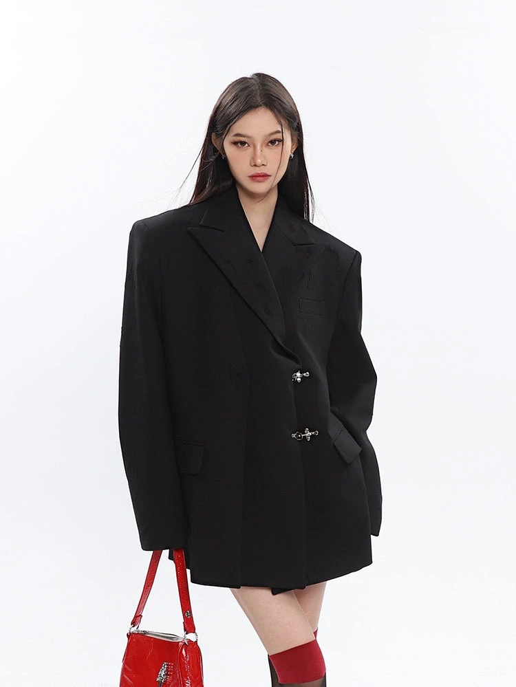 Oversized Notch Lapel Double-Breasted Blazer With Silver Accents 2 Oversized Notch Lapel Double-Breasted Blazer With Silver Accents - Image 2