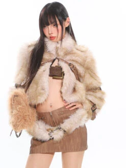 Faux Fur Trim Buckled Jacket And Mini Skirt With Belt Two Piece Set -Modern Wear Shop O1CN01PFnROA25KifIuC2tT 1979797508
