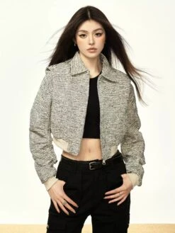 Textured Zip-Up Cropped Jacket With Contrast Ribbed Trim