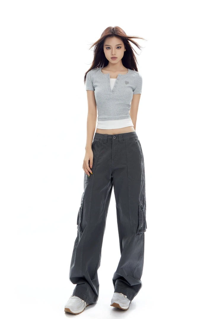 Ribbed Henley Mock Two-Piece Short Sleeve Crop Top 13 Ribbed Henley Mock Two-Piece Short Sleeve Crop Top - Image 13