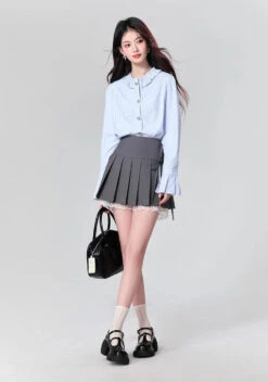 Striped Button-Up Blouse With Ruffled Collar And Flare Cuffed Sleeves 9 Striped Button-Up Blouse With Ruffled Collar And Flare Cuffed Sleeves -Modern Wear Shop O1CN01QBWqnd1RRyEt16ZtH 822562109