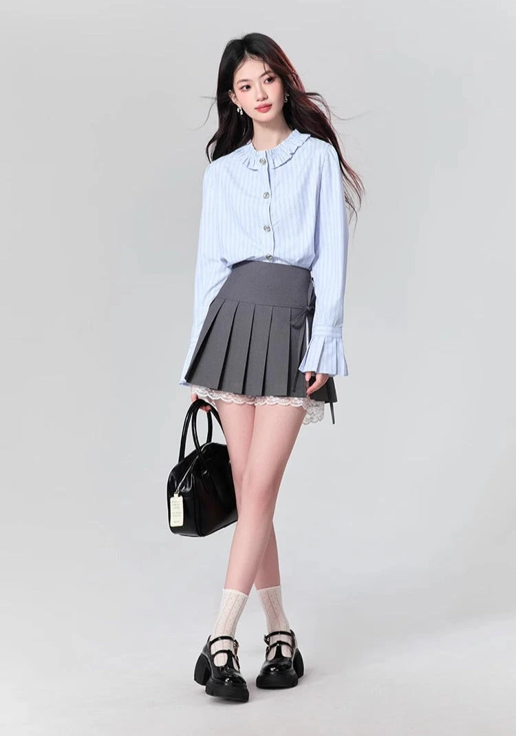 Striped Button-Up Blouse With Ruffled Collar And Flare Cuffed Sleeves 5 Striped Button-Up Blouse With Ruffled Collar And Flare Cuffed Sleeves - Image 5