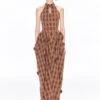 Halter Neck Plaid Maxi Dress With Ruched Details