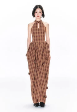 Halter Neck Plaid Maxi Dress With Ruched Details