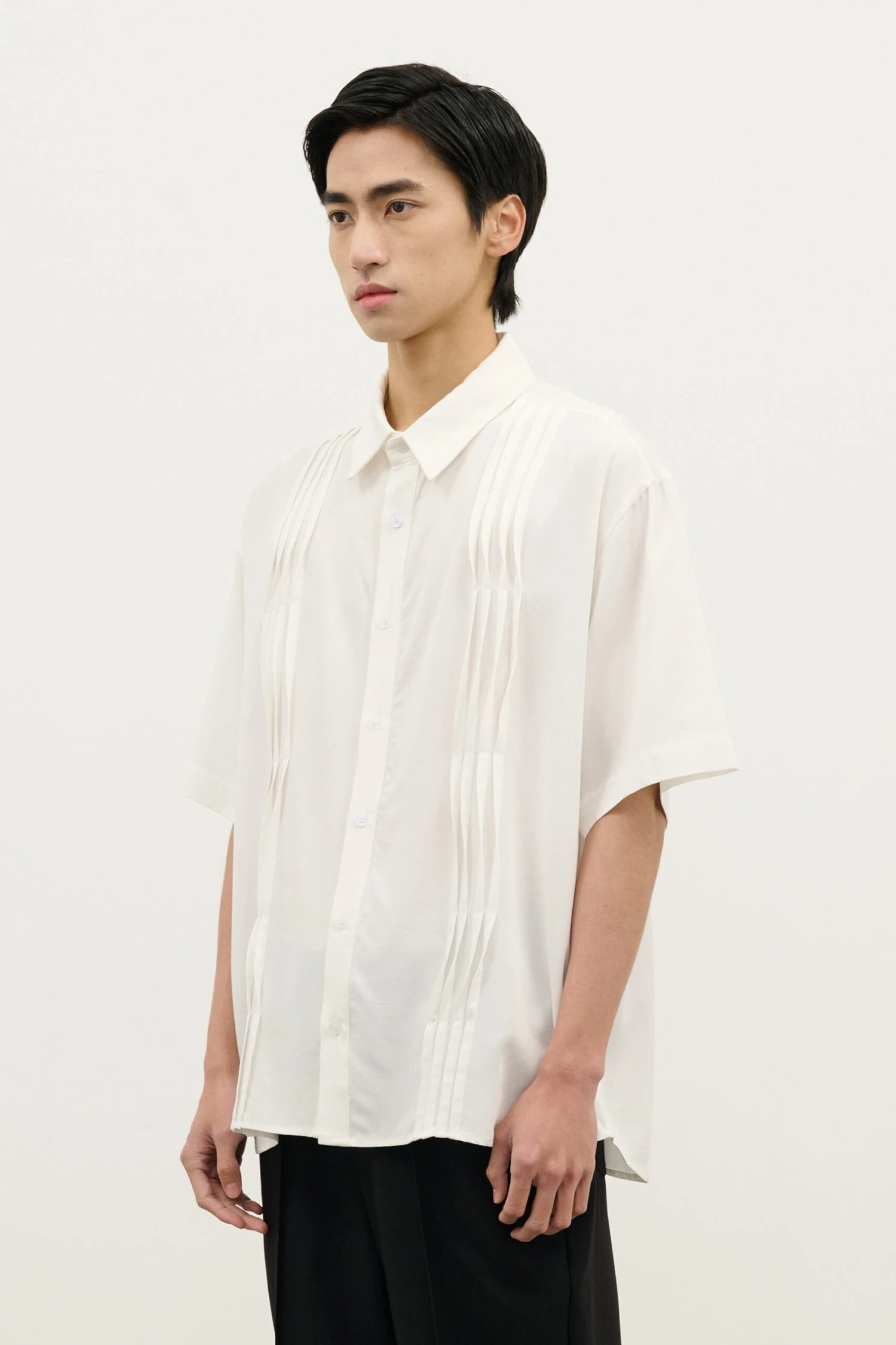 Pleated Wave-Panel Short Sleeve Button-Up Shirt 1 Pleated Wave-Panel Short Sleeve Button-Up Shirt