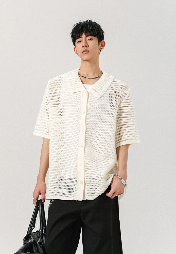 Sheer Open Knit Button-Up Short Sleeve Shirt 4 Sheer Open Knit Button-Up Short Sleeve Shirt - Image 4