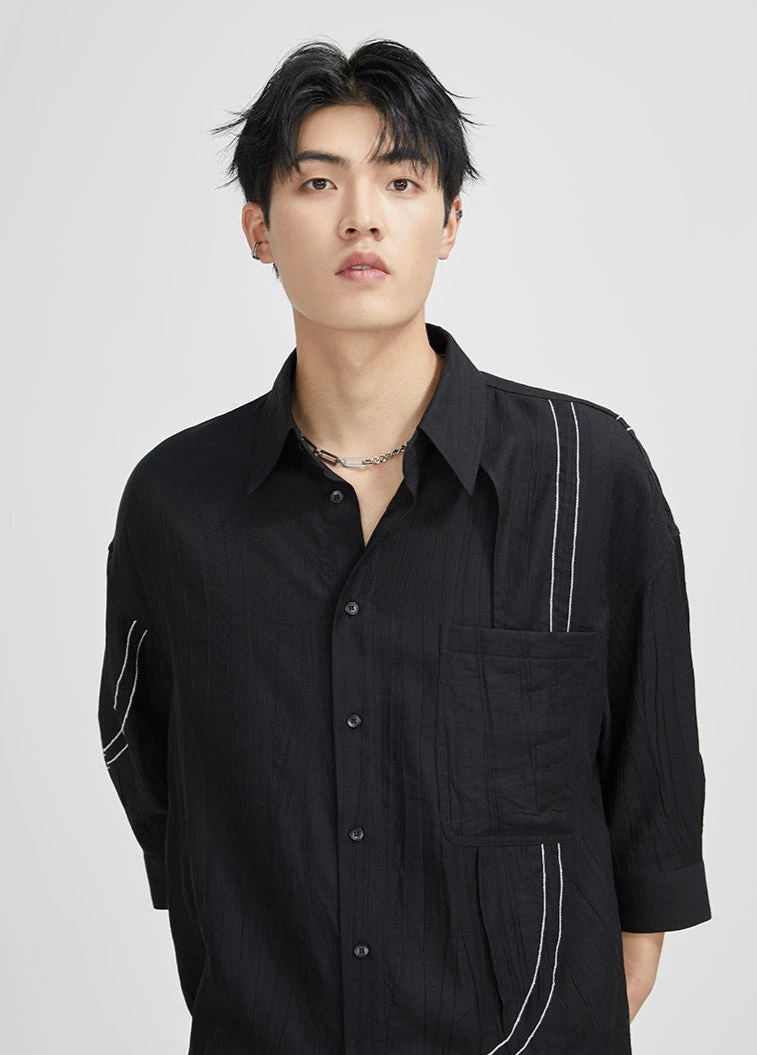 Oversized Contrast-Detail Button Shirt With Cropped Sleeves 2 Oversized Contrast-Detail Button Shirt With Cropped Sleeves - Image 2