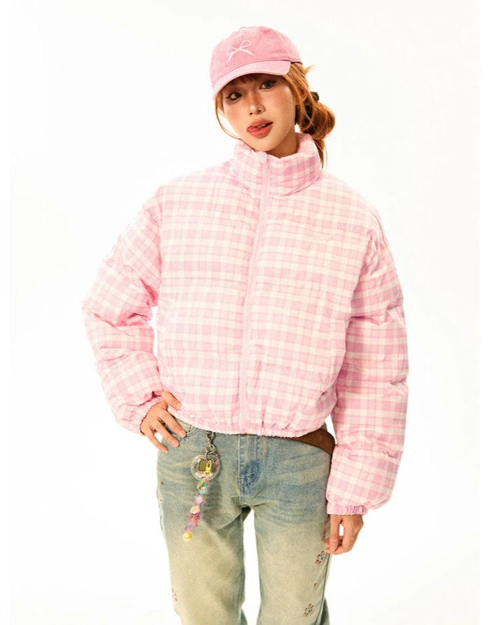 Plaid Quilted High Collar Mid Crop Puffer Jacket 9 Plaid Quilted High Collar Mid Crop Puffer Jacket - Image 9