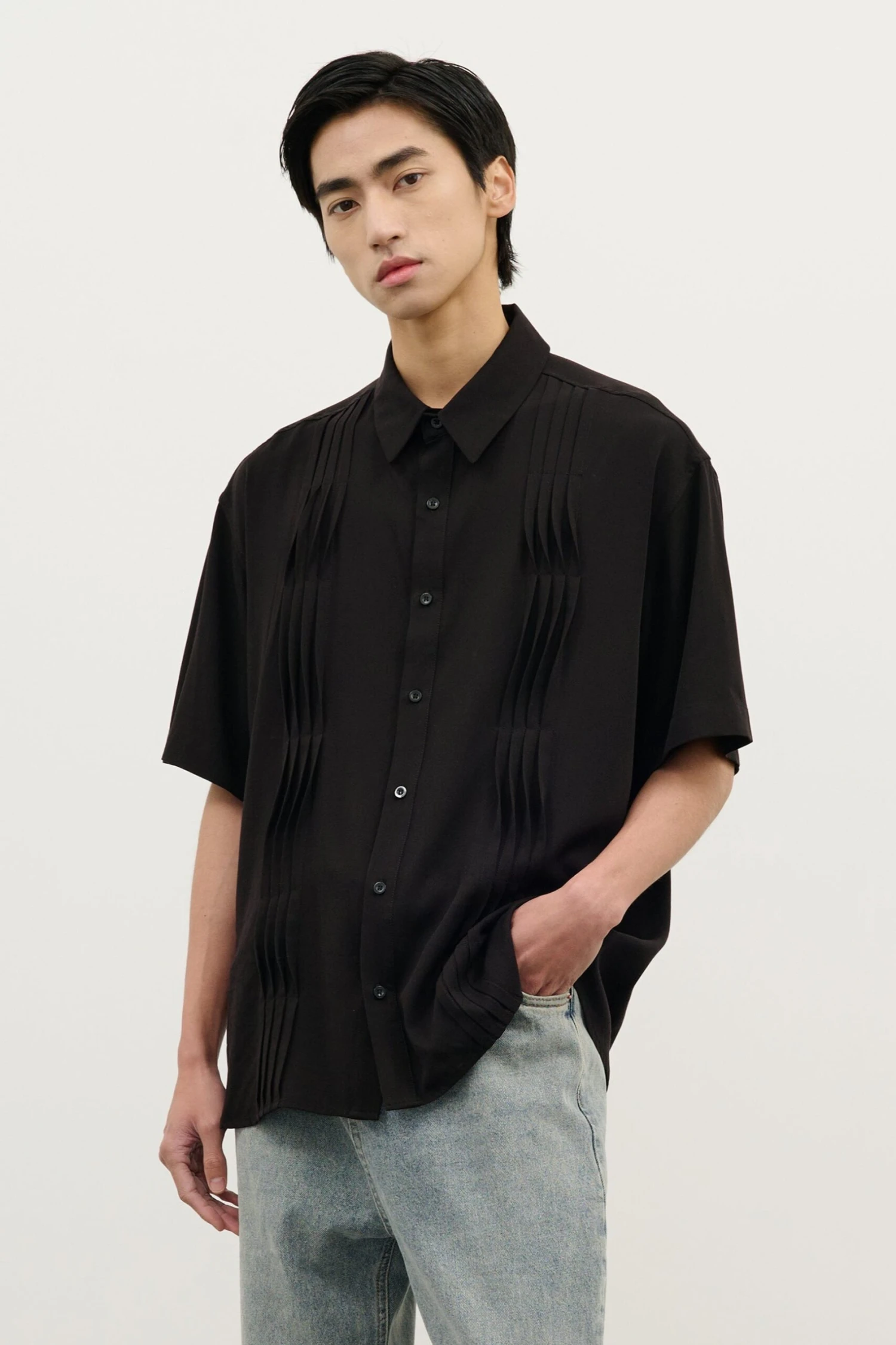 Pleated Wave-Panel Short Sleeve Button-Up Shirt 9 Pleated Wave-Panel Short Sleeve Button-Up Shirt - Image 9