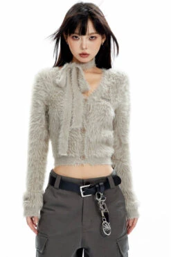 Fuzzy Cropped Scarf-Detail Cardigan With Button Front