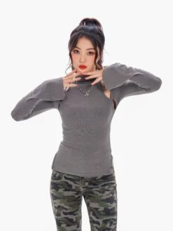 Ribbed Mock Neck Cutout Long Sleeve Top -Modern Wear Shop O1CN01S8uAmm244r8TRx6Ie 2213757677338