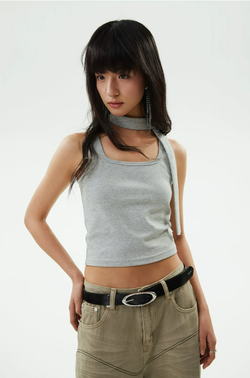 Ribbed Halterneck Crop Top With Choker-Scarf Neckline 2 Ribbed Halterneck Crop Top With Choker-Scarf Neckline - Image 2