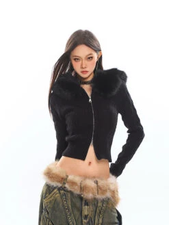Faux Fur Hoodie Cable Knit Cropped Zip Jacket -Modern Wear Shop O1CN01SgJ7AG1iBnnhPIaYx 2201256844375