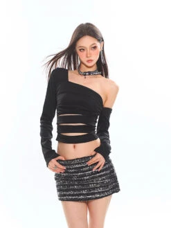 Asymmetric Sleeve Cutout Ruched Crop Top -Modern Wear Shop O1CN01SgJGHe1iBnnuPPf0R 2201256844375