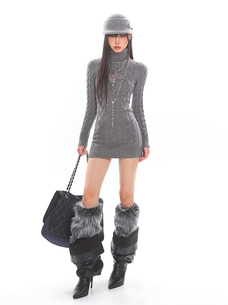 Cable Knit Turtleneck Dress With Cross Mesh Lace Detail 13 Cable Knit Turtleneck Dress With Cross Mesh Lace Detail - Image 13