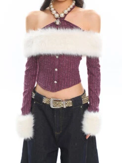 Halter Neck Faux Fur Trim Glitter Crop Top -Modern Wear Shop O1CN01Snagtz25Kig7j6kZ8 1979797508