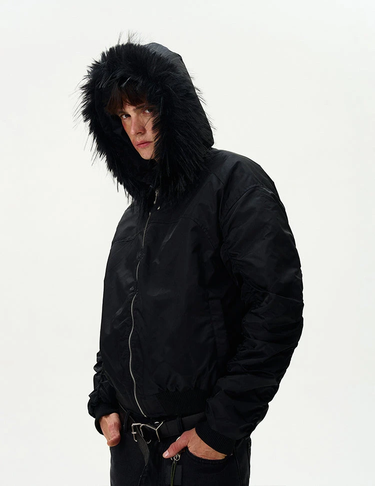 Ruched Sleeve Faux Fur Hooded Bomber Jacket 8 Ruched Sleeve Faux Fur Hooded Bomber Jacket - Image 8