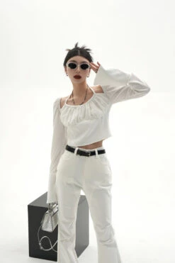 Sheer Long Sleeve Ruched Halter Blouse With Flared Cuffs -Modern Wear Shop O1CN01T7VRFY1t4R0cF6Pmn 722875848