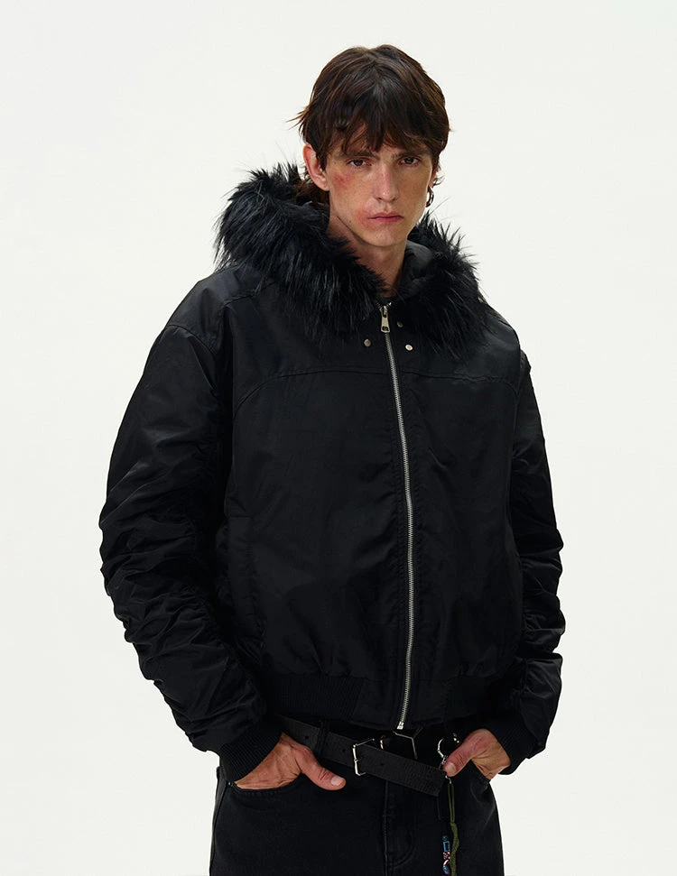 Ruched Sleeve Faux Fur Hooded Bomber Jacket 7 Ruched Sleeve Faux Fur Hooded Bomber Jacket - Image 7