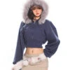 Cropped Faux Fur Hoodie Balloon Sleeves Jacket