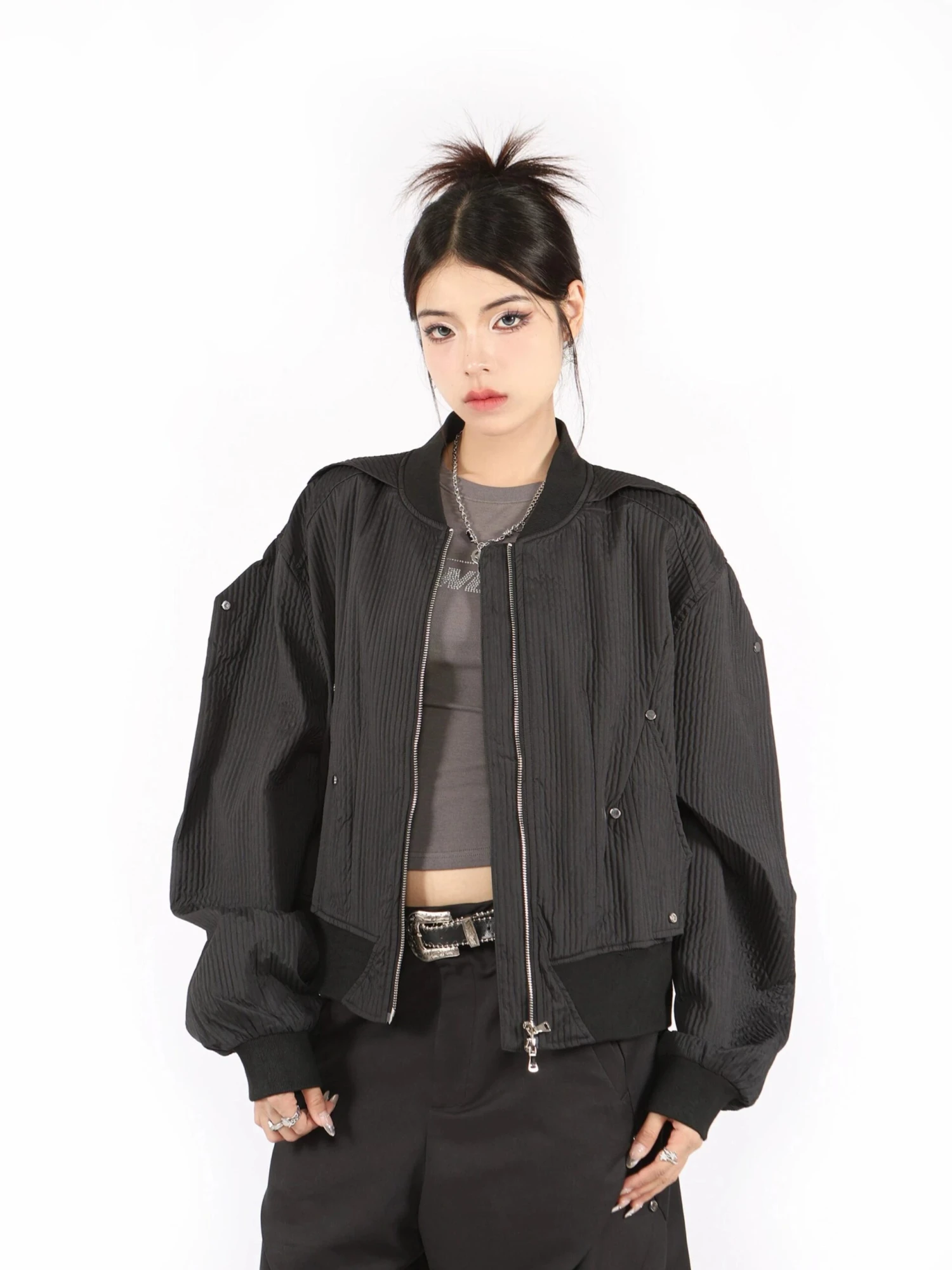 Boxy Oversized Ribbed Bomber Jacket 5 Boxy Oversized Ribbed Bomber Jacket - Image 5