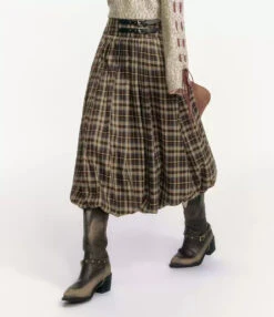 Pleated Plaid Balloon Midi Skirt With Belt Details