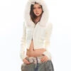 Faux Fur Hoodie Cable Knit Cropped Zip Jacket