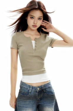 Ribbed Henley Mock Two-Piece Short Sleeve Crop Top 37 Ribbed Henley Mock Two-Piece Short Sleeve Crop Top -Modern Wear Shop O1CN01UiLuGk2NBFVTxSHkD 2200576249924