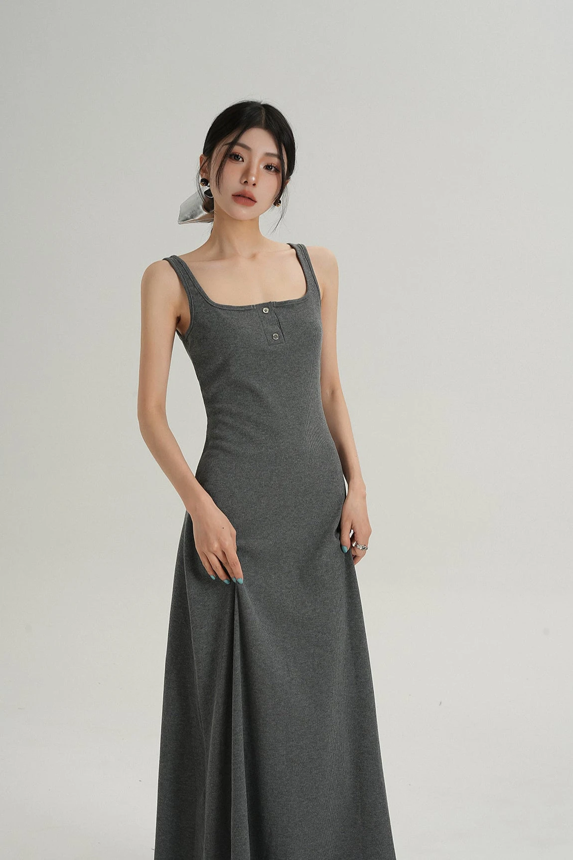 Sleeveless Square Neck Maxi Dress With Button Detail 4 Sleeveless Square Neck Maxi Dress With Button Detail - Image 4