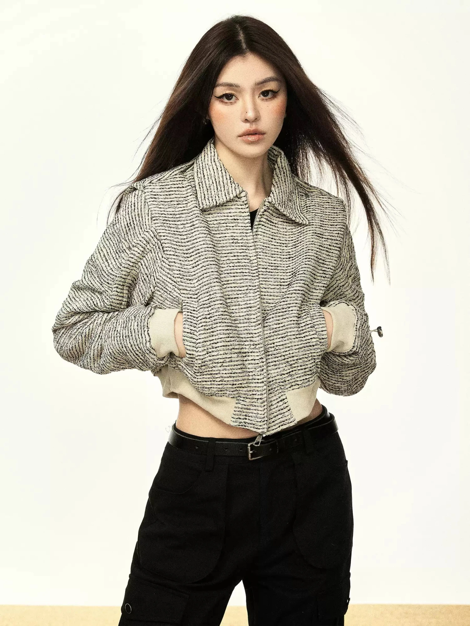 Textured Zip-Up Cropped Jacket With Contrast Ribbed Trim 2 Textured Zip-Up Cropped Jacket With Contrast Ribbed Trim - Image 2