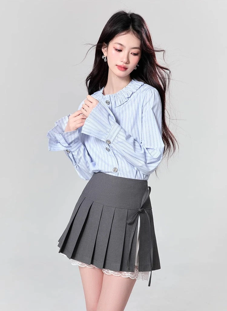 Striped Button-Up Blouse With Ruffled Collar And Flare Cuffed Sleeves 2 Striped Button-Up Blouse With Ruffled Collar And Flare Cuffed Sleeves - Image 2