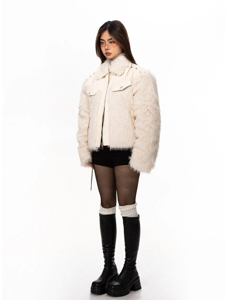 Studded Faux Leather And Fur Patchwork Zip Jacket 5 Studded Faux Leather And Fur Patchwork Zip Jacket - Image 5