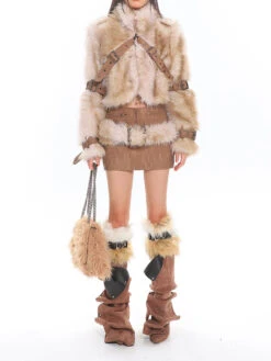 Faux Fur Trim Buckled Jacket And Mini Skirt With Belt Two Piece Set -Modern Wear Shop O1CN01WgYLSD25KifJwh3AQ 1979797508