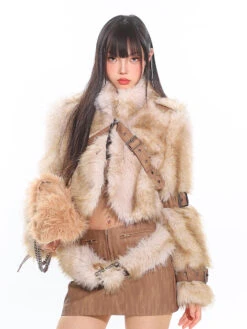 Faux Fur Trim Buckled Jacket And Mini Skirt With Belt Two Piece Set -Modern Wear Shop O1CN01X4IPi425KifH2Kdzs 1979797508