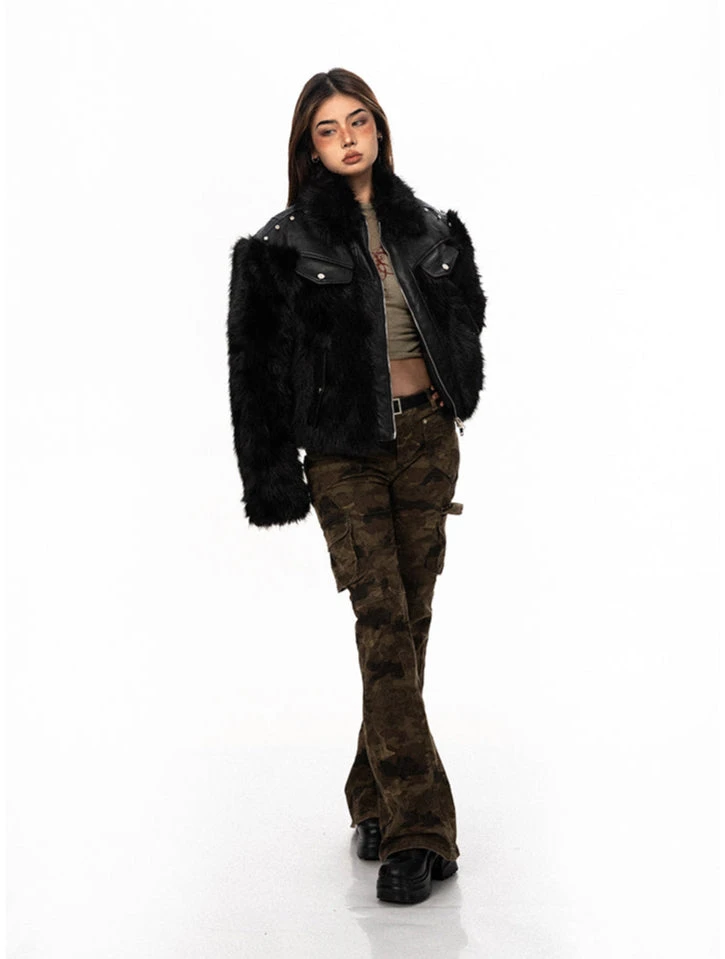 Studded Faux Leather And Fur Patchwork Zip Jacket 11 Studded Faux Leather And Fur Patchwork Zip Jacket - Image 11